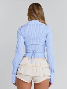 Y2K Layered Ruffle Mini Skort, High Waist Mesh Tiered Bloomers With Bow Detail, Cute Coquette A-Line Skirt, Low Rise Frilly Short Skirt For Summer, Harajuku  Casual Wear - 米色 - 查看 9