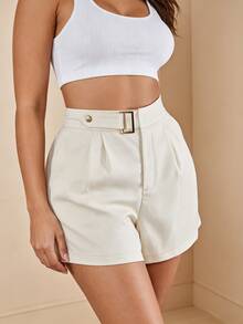 Shorts de Traje de Mujer de Moda - Cortos de Cintura Alta, Diseño A, con Detalle de Hebilla Metálica, Tejido Transpirable y Fresco para Salidas, Citas y Trabajo - Albaricoque - Ver 1