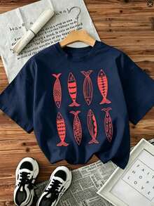 Women's Casual T-Shirt - Unique Fish Print Design, Short Sleeves And Round Neck, Lightweight And Breathable, Suitable For Spring And Summer, White With Red Fish Pattern-Unisex Summer Casual Vintage Cotton Printed T-Shirts For Couples - 藏蓝色 - 查看 13
