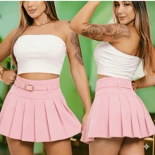 Women's Tailored Pleated Short Skirt With Belt, Schoolgirl Style, Summer, Simple, Party, Sexy Fabric, With Belt, Sizes P To G, Beach, Home, Street, Timeless - 淺粉色 - 查看 1
