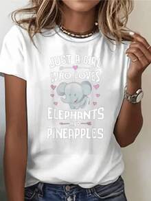 Elefante feliz rodeado de corazones rosados y piñas que simbolizan amor ternura alegría y conexión con la naturaleza camiseta de mujer casual cómoda con mensaje positivo para uso diario - Blanco - Ver 1