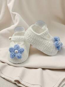 1 Pair Infant Christening Booties, White Pearl Knit Slippers, Infant Shoes - Blue - View 6