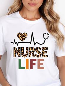 Camiseta de verano casual para mujeres con cuello blanco y mangas cortas, hecha de tela suave y transpirable con diseño de corazón de leopardo. I para casa, vies y, hace un gran regalo para el día de San Valentín y lascua, y es  de arrugas - Blanco - Ver 2