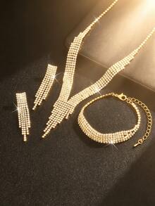 4pcs Gold-Plated Waterfall Tassel Jewelry Set - Multi-Strand Crystal Necklace + Linear Tassel Earrings + Bracelet, Glamorous Evening Accessories For Women, Suitable For Wedding/Gala/Party - Gold - View 5