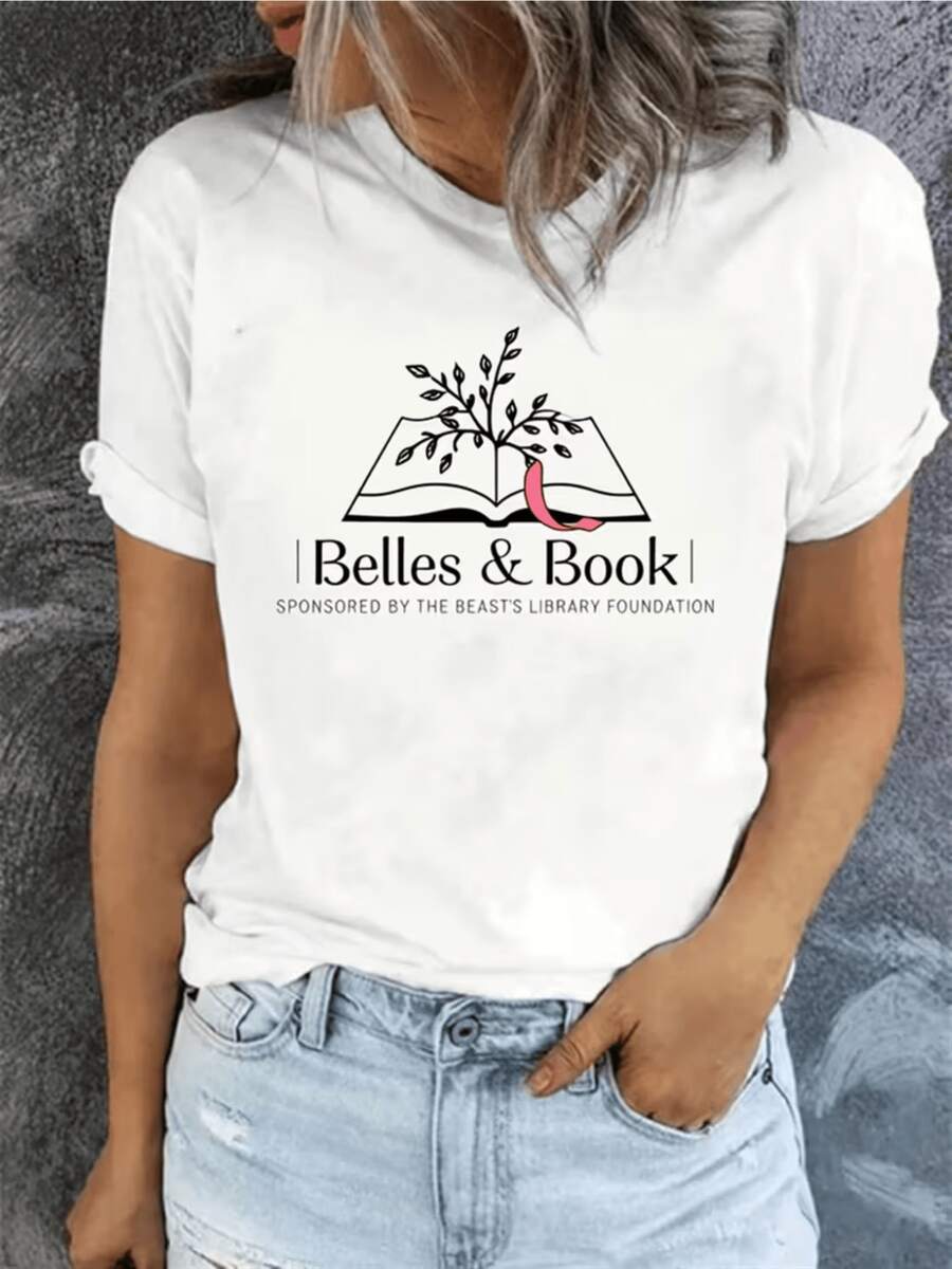 Libro abierto con ramas que brotan como símbolo de conocimiento y crecimiento personal representando la conexión entre lectura y naturaleza camiseta de mujer casual moderna cómoda para uso diario - Blanco - Ver 1