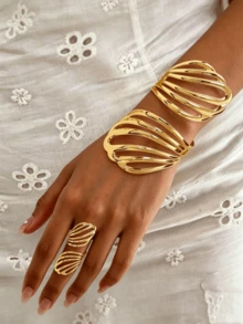 1 Set de brazalete y anillo abierto con capas de conchas abstractas, chapado en oro, joyería de moda para declaración para mujeres, para fiesta - Dorado - Ver 1