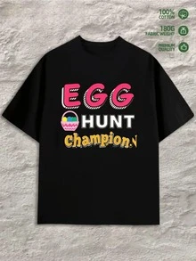 Colorful Text With Large Letters Celebrating The Easter Egg Hunt And Conveying Festive Joy With A Fun And Youthful Touch. Comfortable Short-Sleeved Casual Women's T-Shirt Ideal For Everyday Wear And Family Gatherings. - 黑色 - 查看 8