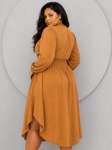 Women's Long Sleeve V-Neck Wrap Dress, Casual Midi Style With Discreet Slit, Plus Size, Comfortable - 駝色 - 查看 4
