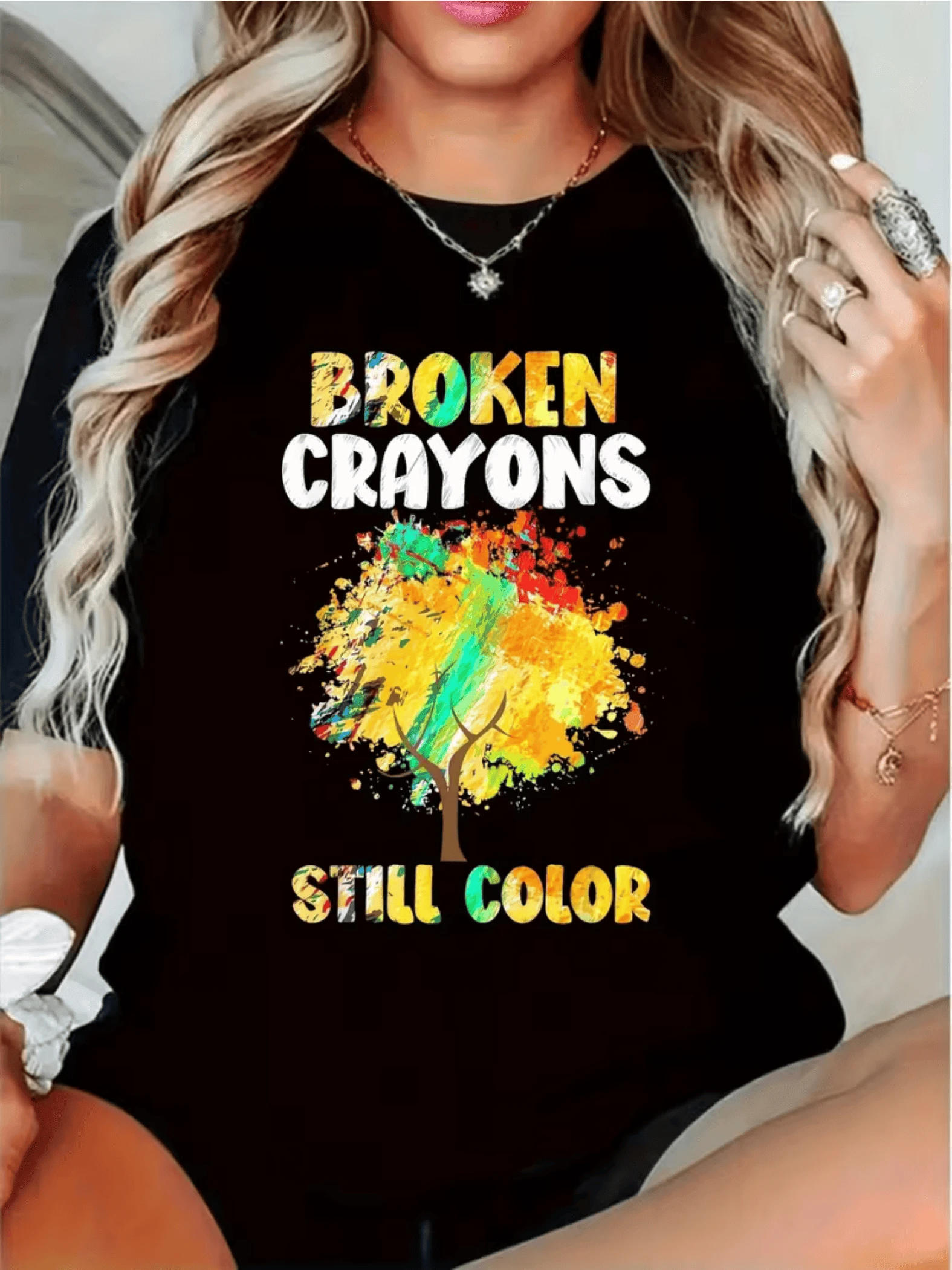 Colorful Tree Formed By Broken Crayon Strokes Symbolizing Hope And Inner Strength, Showing That Even Imperfection Can Create Beauty. Modern Casual Women's T-Shirts - Black - View 1