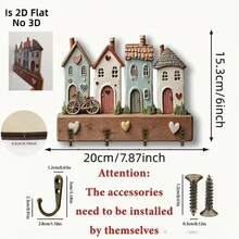 1pc 2D Wooden Multi-Function Key Holder - Key Storage Hook, Featuring "House Heart Bicycle" Pattern, Equipped With Metal Hooks, Suitable For Wall Decor, Porch Decor, Room Decor, Villa Decor And Seasonal Home Decor - Multicolor - View 3