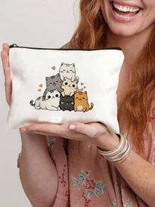 Cartoon Katzen Muster Tragetasche, Buchstaben Muster, wiederverwendbare bedruckte Handtasche für Frauen, Doppelgriff Einkaufs-/Schultasche, große Kapazität Schultertasche, Casual Tragetasche, Valentinstag Aufbewahrungstasche Lunchpaket, geeignet für Pendeln, Schule und Einkaufen, praktisch für Outdoor-Aktivitäten - Verschiedenfarbig - Übersicht 5