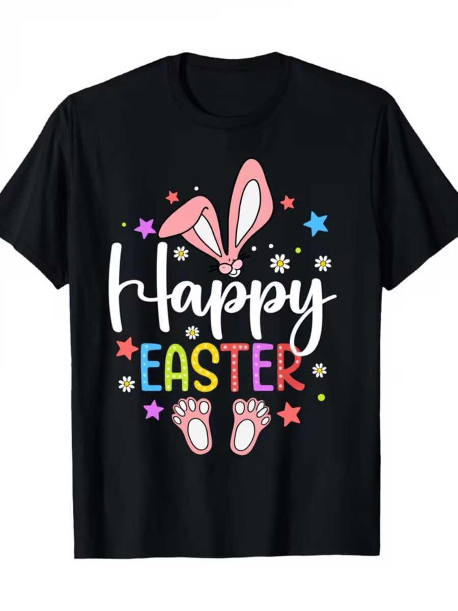 A Rabbit With Pink Ears Surrounded By Colorful Stars And Small Flowers Symbolizing Joy And Easter Celebration. Women's T-Shirt With A Festive Message, Ideal For Special Days. - 黑色 - 查看 1