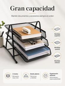 Organizador de escritorio de metal de malla de 3 niveles, soporte para archivos, bandeja para cartas, soporte para papel A4, organizador de escritorio de oficina. - Estante para archivos de tres niveles - Ver 6