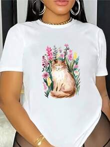 Gato dormido rodeado de flores coloridas que simbolizan serenidad armonía y conexión con la naturaleza camiseta de mujer casual cómoda y moderna para uso diario - Blanco - Ver 8