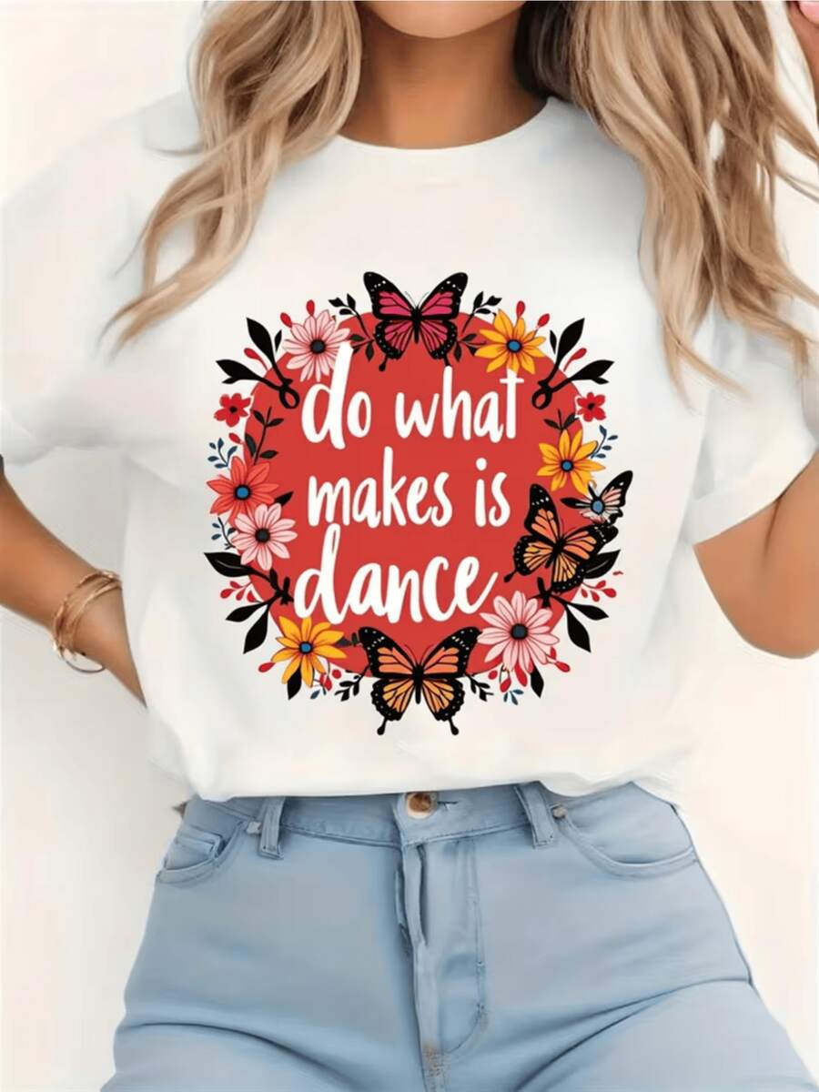 Mariposas coloridas rodeadas de flores simbolizan libertad alegría y energía positiva inspirando movimiento y confianza en cada paso camiseta de mujer casual cómoda perfecta para uso diario - Blanco - Ver 1