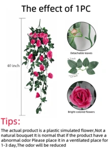 Nejlue Artificial Flowers/Plants1111 Home & Living 1/2支装亮粉色人造玫瑰藤蔓花，春季玫瑰装饰，悬挂式花卉，适用于家居装饰、房间装饰、墙面装饰、婚礼拱门、卧室、桌面、生日派对、花园、室内外装饰，春夏皆宜 - 玫紅色 - 查看 8