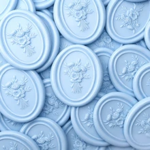 25张/包 3D立体压纹花束自粘蜡封贴纸，适用于礼品、婚礼请柬信封封口 - 浅蓝色 - Bouquet-藍色 - 查看 2