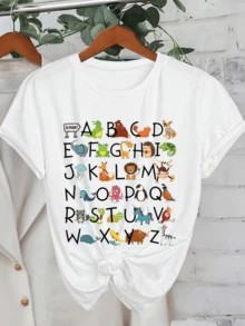 Abecedario colorido con simpáticos animales ilustrando cada letra desde la A hasta la Z creando una composición alegre educativa y llena de vida ideal para amantes de la naturaleza camiseta de mujer casual cómoda y moderna - Blanco - Ver 8