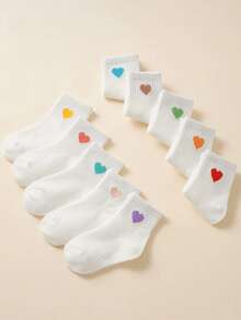 5 Pairs/10 Pairs New Popular Socks, Colorful Heart Pattern White Socks, Breathable Comfortable Mid-Calf Socks, Suitable For Students And Various Occasions - Multicolor - View 5