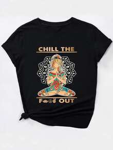 Woman In Meditation Pose Surrounded By A Symbolic Mandala That Conveys Calm, Balance And Inner Energy, Ideal For A Free Spirit, Comfortable And Modern Casual Women's T-Shirt - 黑色 - 查看 1