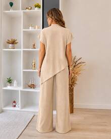 Elegant Women's Set: Asymmetrical Blouse And Comfortable Pants In Anarruga Fabric - 米色 - 查看 3