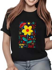Bright Yellow Flower With A Red Center Surrounded By Colorful Figures Conveys Joy, Summer Energy, Optimism And Fun For Relaxed Days. Casual, Comfortable And Modern Women's T-Shirt - 黑色 - 查看 8