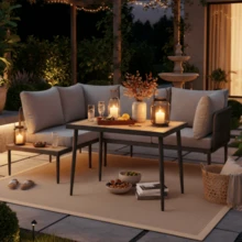 Conjunto de jantar para jardim, conjunto de móveis de jardim, sofá de canto + mesa de jantar, módulo de canto, tubos de aço galvanizado, tampo de mesa em plástico/madeira, cinza - Cinza - Ver 2