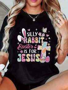 Colorful Rabbit With Cheerful Ears, Floral Crosses, Hearts, And Easter Symbols Representing Spiritual Joy And Sincere Love. Funny Religious Casual Women's T-Shirt - 黑色 - 查看 1