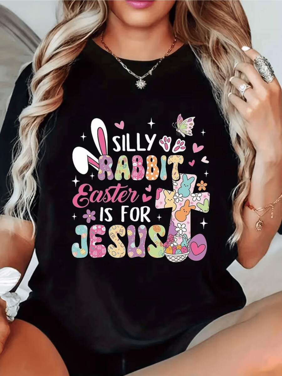 Colorful Rabbit With Cheerful Ears, Floral Crosses, Hearts, And Easter Symbols Representing Spiritual Joy And Sincere Love. Funny Religious Casual Women's T-Shirt - 黑色 - 查看 1