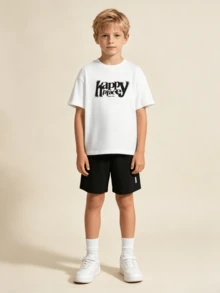 Conjunto de 2 piezas de verano para niños, manga corta, de secado rápido y ligero, casual - tono blanco negro - Ver 3