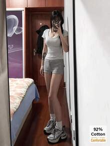 女士纯色U领短袖T恤，夏季百搭休闲修身打底衫 - 花灰色 - 查看 3