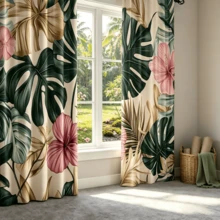 2 pièces Rideaux transparents imprimés de plantes tropicales, avec des feuilles de Monstera en or et vert et des fleurs d'hibiscus en rose, impression 2D, rideaux d'été légers convenant pour le salon, la chambre, le bureau et la décoration de la maison - Multicolore - Voir 2