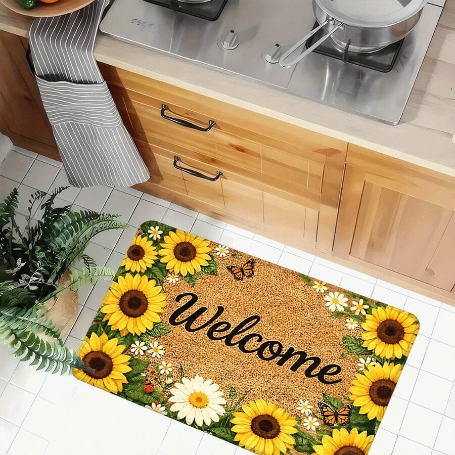 1pc/2pcs/3pcs Stylish Floor Mat With Sunflower And Butterfly Prints. It Is Sturdy, Stain Resistant And Machine Washable. Perfect Indoor Decor For Multiple Rooms, Pet Spaces As Well As Spring, Summer And Festival Scenes