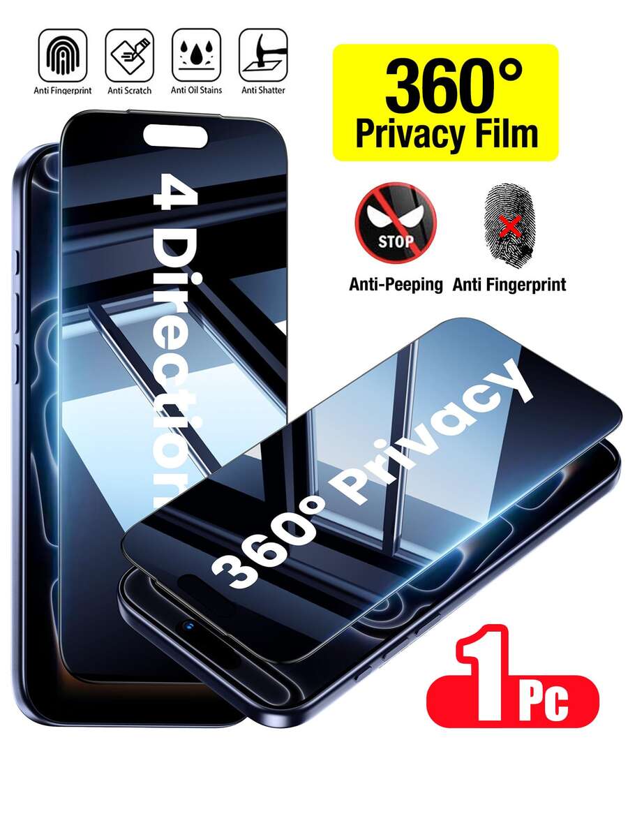 XINHONGYU 360° 隱私鋼化玻璃螢幕保護貼,適用於 iPhone 17Pro Max 17 Air 15 14 13 12 11 Pro Max 全螢幕保護膜,相容於 Phone16ProMax 15ProMax,防窺、防指紋、防汗、防刮、觸感滑順、無氣泡、霧面邊緣手機膜 - 黑色 - 查看 1