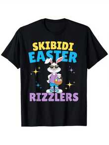 Conejo con gafas sosteniendo una canasta llena de huevos coloridos rodeado de destellos brillantes que transmite alegría y espíritu festivo de Pascua camiseta de mujer casual divertida para celebración y uso diario - Negro - Ver 8