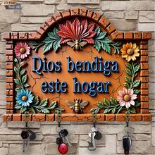 2D Flat 1 Piece Wooden Key Holder Rack With Floral Family Blessing Hooks For Wall Porch Room Villa Decoration Seasonal Home Decor Entryway Organizer Display Stand - Multicolor - View 2