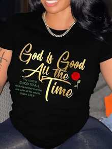 Frase inspiradora que expresa fe esperanza y gratitud con texto motivador en dorado y una rosa roja que simboliza amor y misericordia camiseta de mujer casual moderna y cómoda para uso diario - Negro - Ver 1