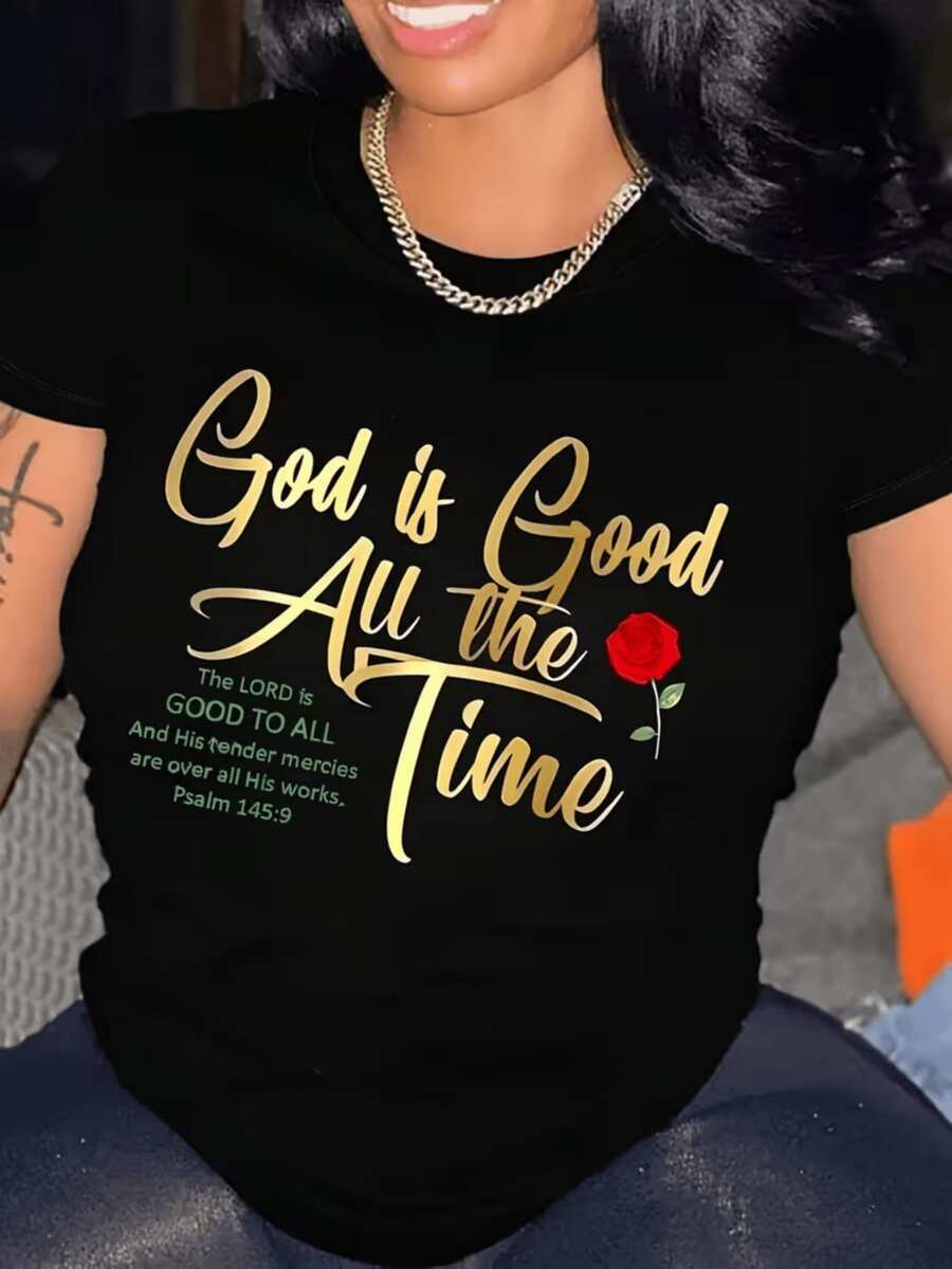 Frase inspiradora que expresa fe esperanza y gratitud con texto motivador en dorado y una rosa roja que simboliza amor y misericordia camiseta de mujer casual moderna y cómoda para uso diario - Negro - Ver 1