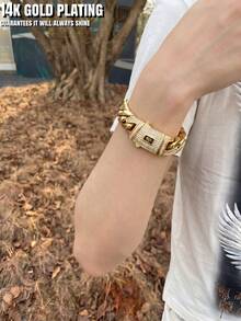 1pc Premium-Look 14K Gold Plated Sculpted Cuban Link Chain Necklace Or Bracelet, Curved Pavé S Emblem Clasp, Mirror-Polished Statement Jewelry - 彩色 - 查看 4