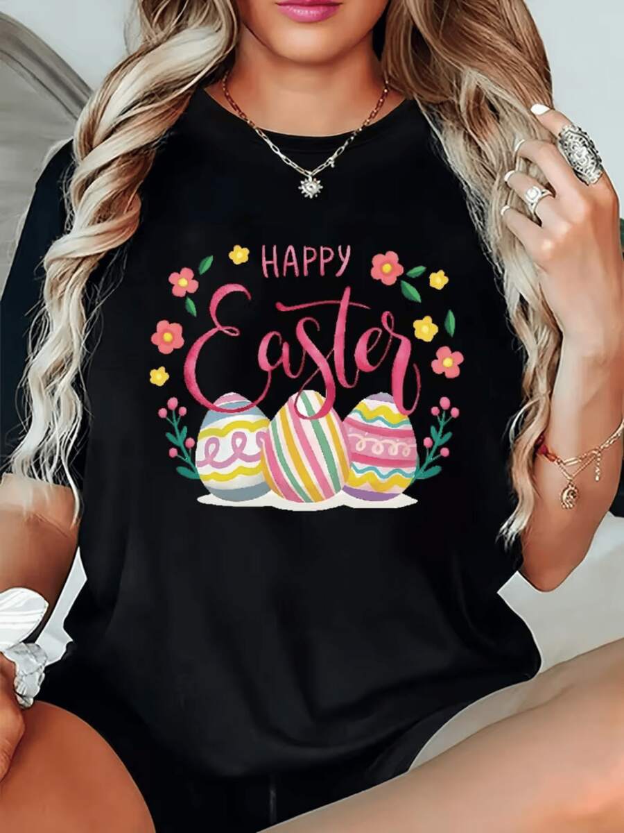 Colorful Eggs Surrounded By Cheerful Flowers And Green Leaves Convey The Positive Energy Of Celebration And The Arrival Of New Beginnings. Comfortable Casual Women's T-Shirt, Ideal For Holidays. - 黑色 - 查看 1