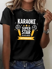 Dos micrófonos dorados rodeados de estrellas simbolizan la pasión por la música y la energía del escenario reflejando confianza alegría y estilo artístico camiseta de mujer casual moderna elegante para amantes del karaoke - Negro - Ver 8