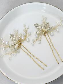 1pc Alloy Rhinestone Flower Leaf Crystal Faux Pearl Decorated Elegant Hair Stick, Suitable For Bride Wedding, Daily Vacation, Party Holiday And Other Occasions - Gold - View 4