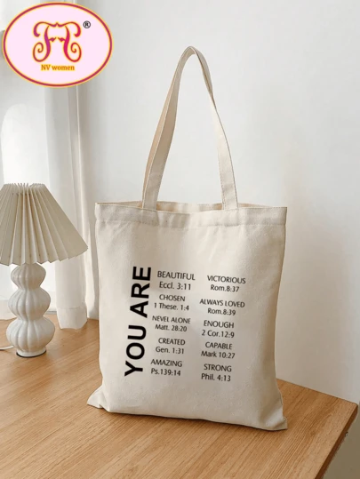 1pc Beige Fashion Letter Print Canvas Tote Bag, Portable Shopping Bag For Everyday Commute, Reusable