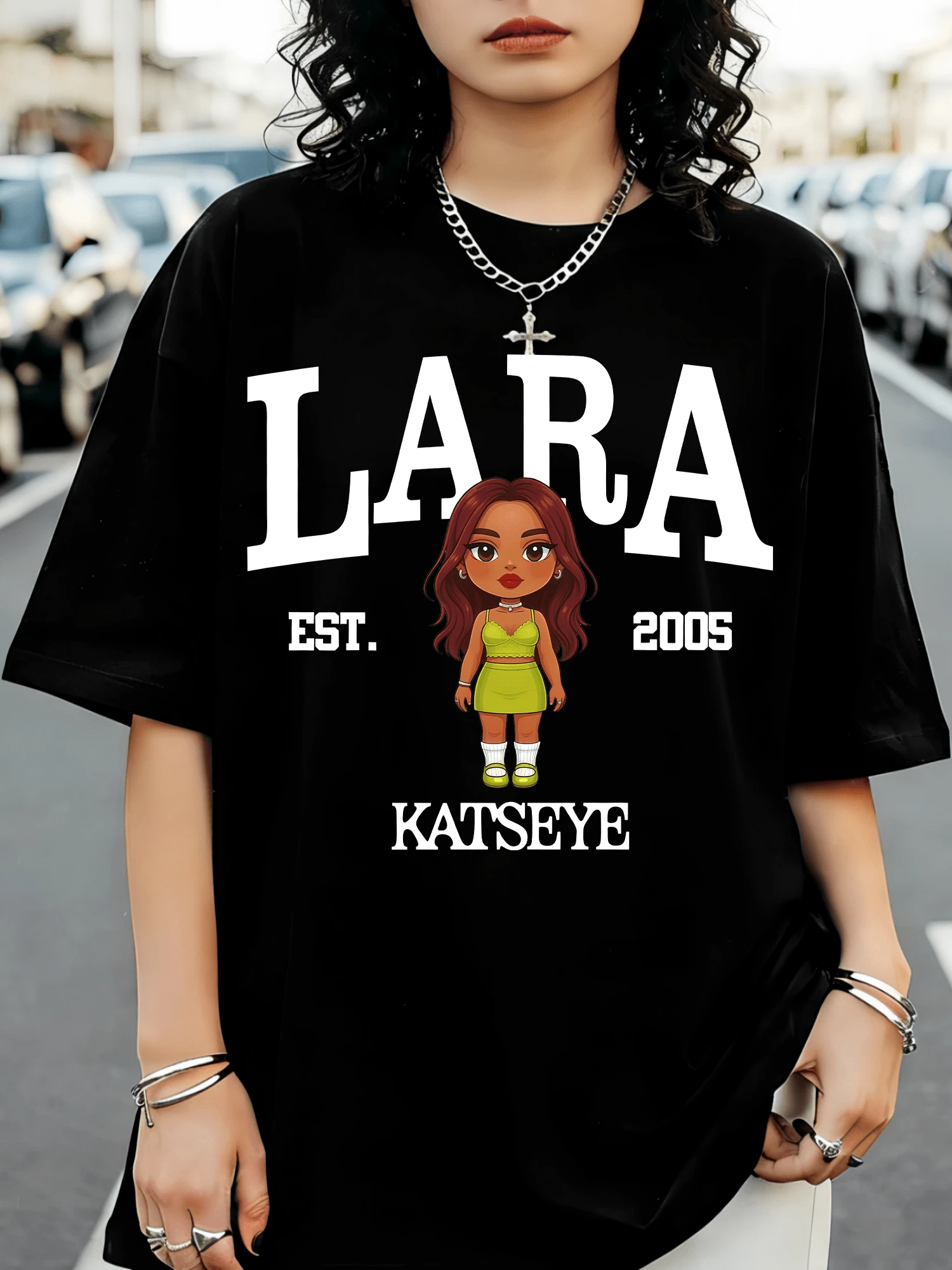 The Black KATSEYE LARA K-Pop Merchandise T-Shirt - Black - View 1