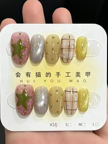 10片手工制作可爱绿色星星亮片假指甲格子图案哑光亮面可佩戴按压式指甲 - 彩色 - 查看 1