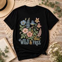 Women's Casual Wild & Free Floral Print Cotton Blend T-Shirt, Vintage Inspired Short Sleeve Top With Medium Stretch For Everyday Wear - 黑色 - 查看 4