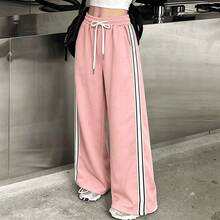 Pantalones largos con cordón y rayas laterales para mujer - Rosa - Ver 6