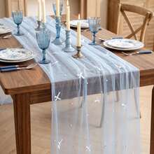 1 Pack 3D Flower Gauze Embroidery Table Runner 120 Inch 10FT, Tulle Seasonal Spring Kitchen Dining Holiday Table Decor For Home Party - Sky Blue - View 2