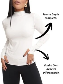 Basic Polyamide Blouse, Long Sleeves With Thumb Loops, High Neck. - White - View 1