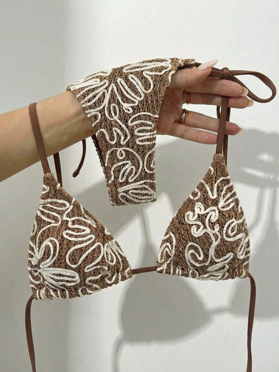 Swmmer Liket Conjunto de bikini de verano para mujer, con estampado de rayas asimétricas y triángulos, con lazo lateral. - Marrón - Ver 1